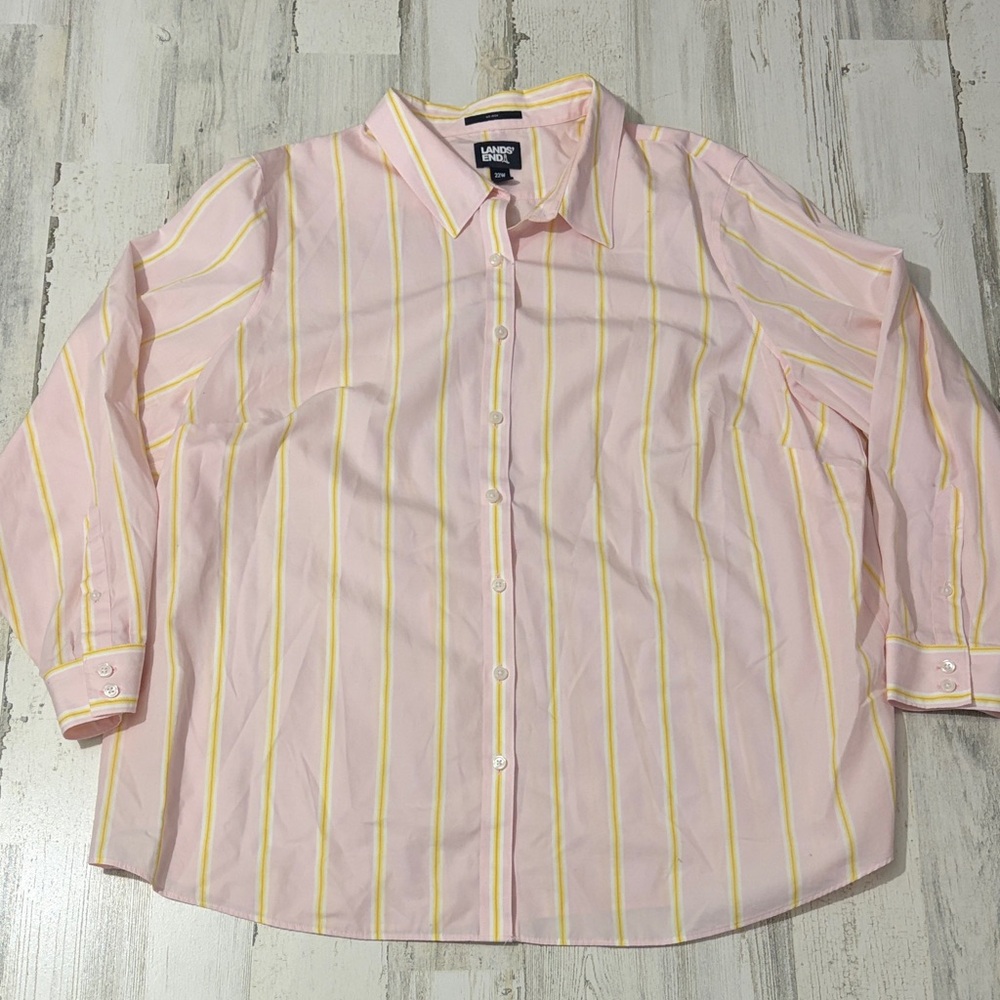 Lands' End Women's No Iron Supima Pink and Yellow Striped Button Down Shirt - Picture 2 of 7